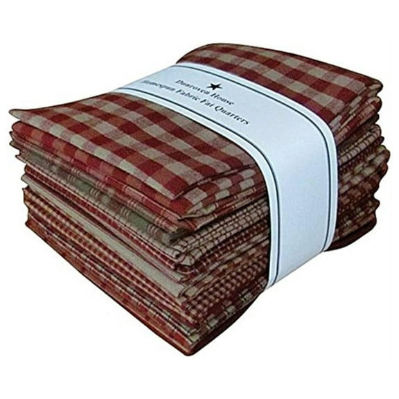 Red Tan Beige Homespun Fabric Checks Stripes Fat Quarter (12 pk) Bundle 100% Cotton 18" X 22"
