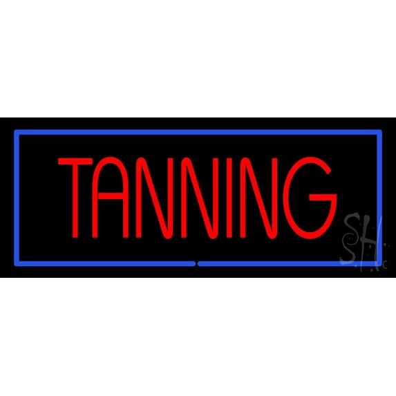 Red Tanning with Blue Border LED Neon Sign 13 x 32 - inches, Black Square Cut Acrylic Backing, with Dimmer - Bright and Premium built indoor LED Neon Sign for Defence Force.