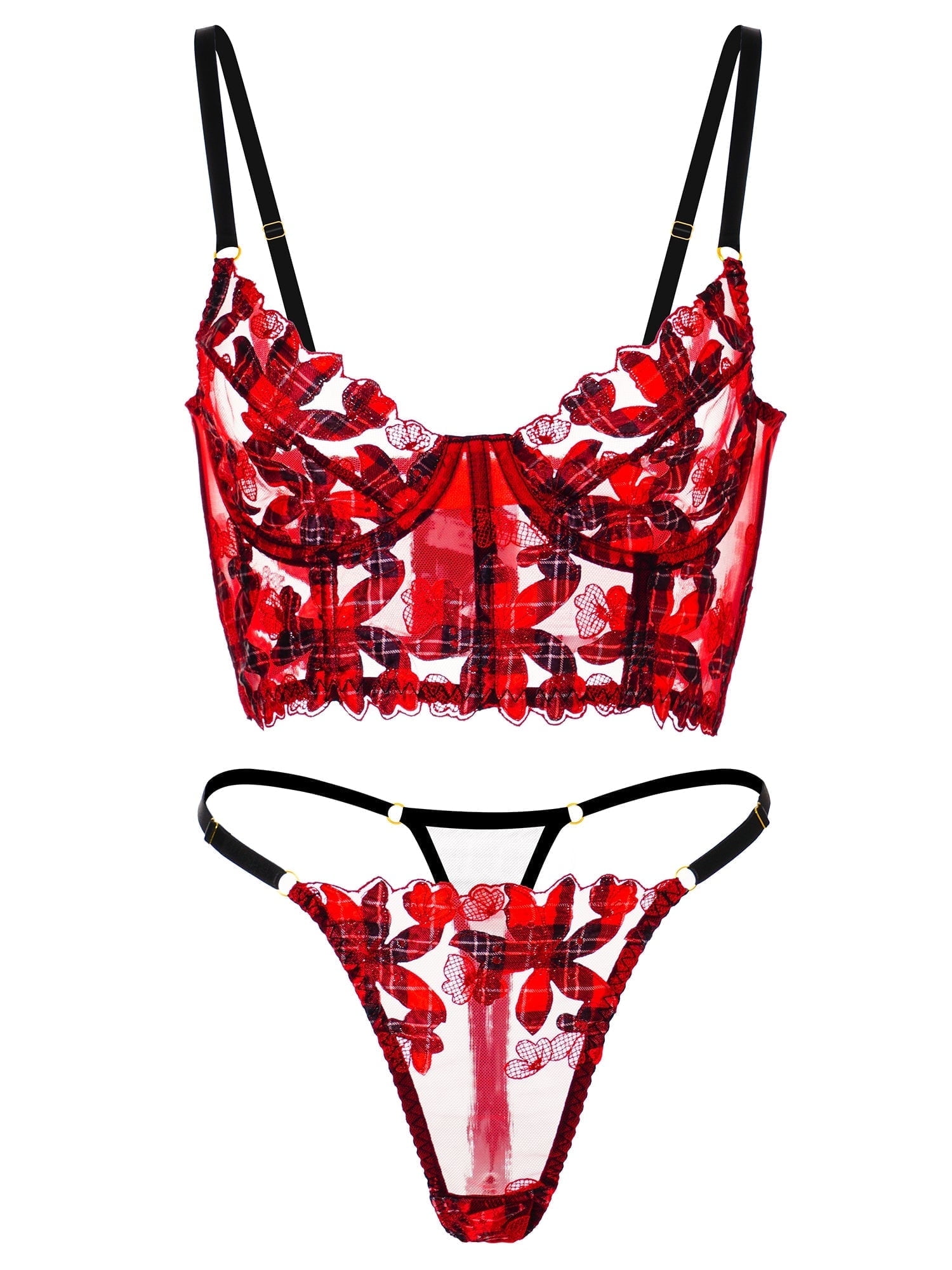 Red Tartan Flower Lingerie Set (RED, M+)