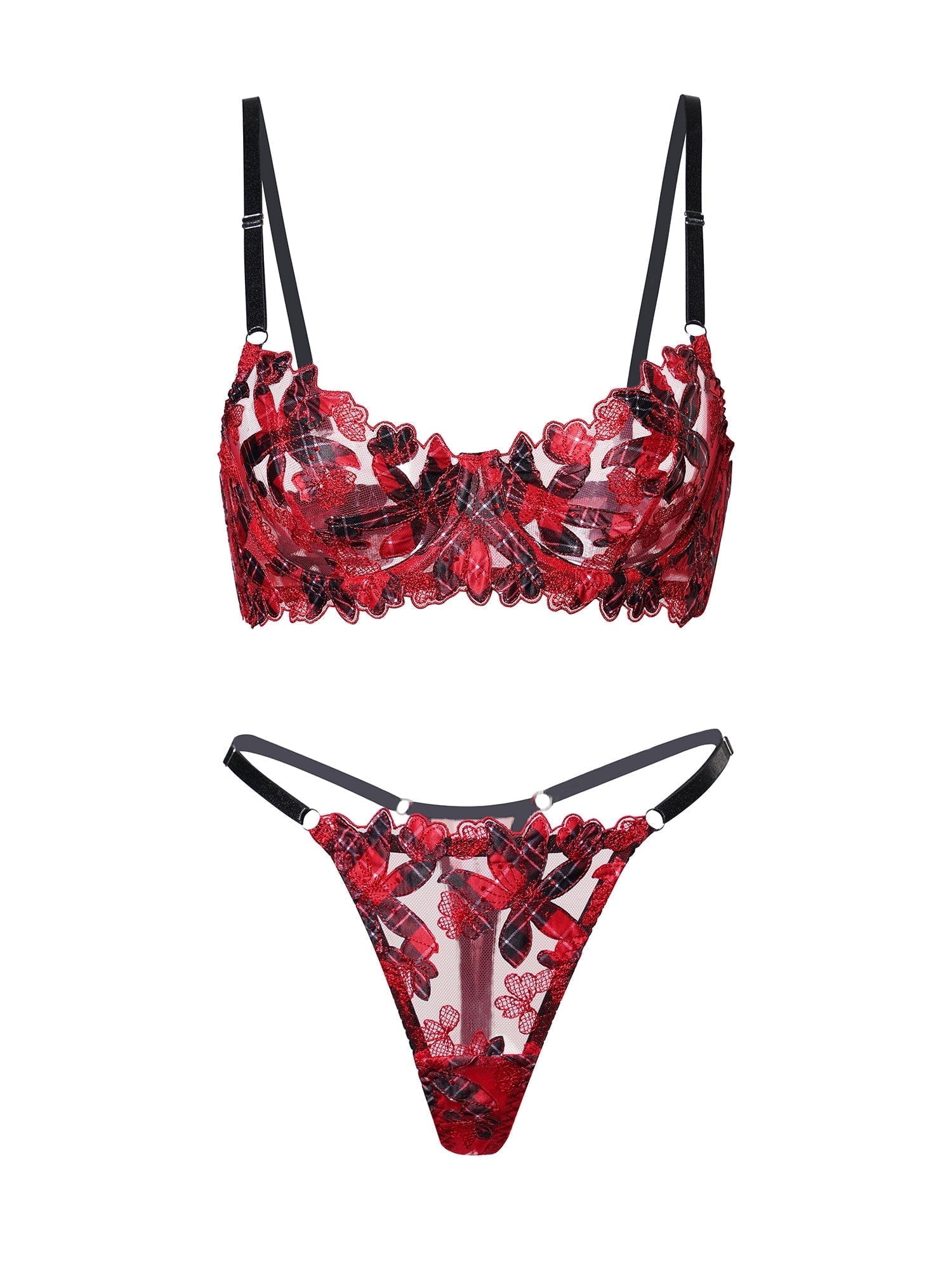 Red Tartan Flower Lingerie Set (RED, XL)