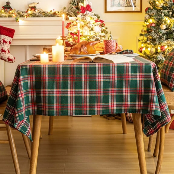 Red Tartan Plaid Snowflake Christmas Tablecloth, Winter Holiday Tablecloths for Rectangle Tables Parties Dining Farmhouse Kitchen Decor
