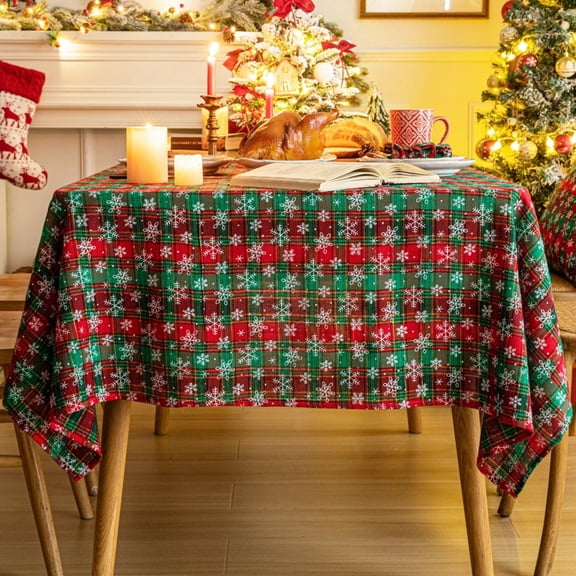 Red Tartan Plaid Snowflake Christmas Tablecloth, Winter Holiday Tablecloths for Rectangle Tables Parties Dining Farmhouse Kitchen Decor