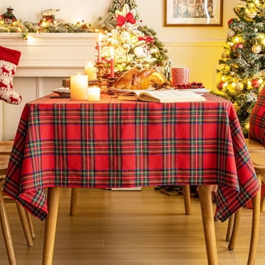 Red Tartan Plaid Snowflake Christmas Tablecloth, Winter Holiday Tablecloths for Rectangle Tables Parties Dining Farmhouse Kitchen Decor