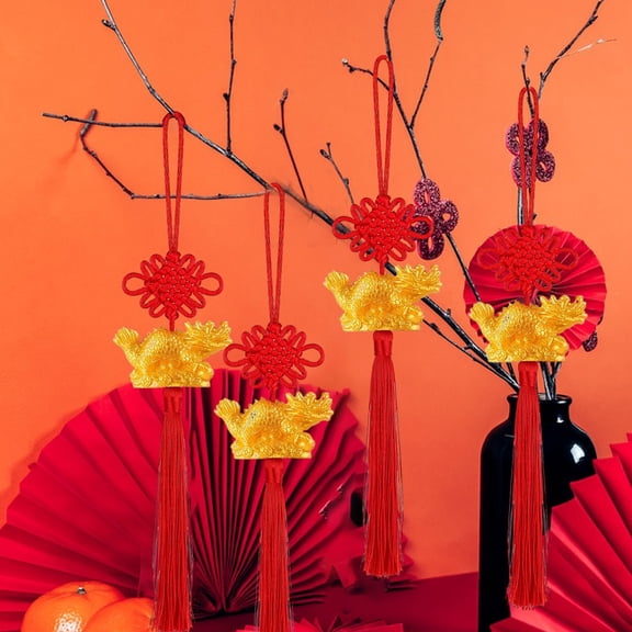 Red Tassel Feng Shui Curio 4Pcs, 4.7in Chinese Knot Hanging Cartouche Year Wealth Luck Blessing Party Donative