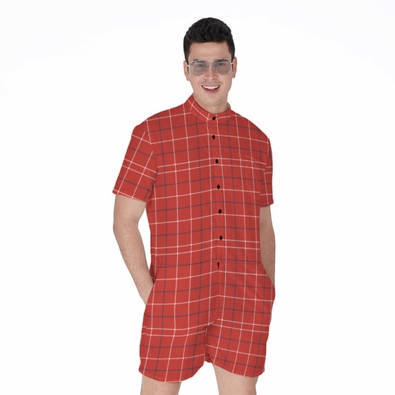 Red Tattersall Pattern Short Sleeve Men'S Rompers Casual Summer Jumpsuits Outfit