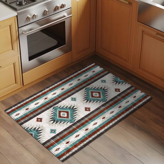 Red Teal 2x3 Rug for Entryway Front Door Kitchen Sink Area, Southwestern Native Aztec Ethnic Style Geometric Low Pile Washable Non Slip Rectangle Area Rug