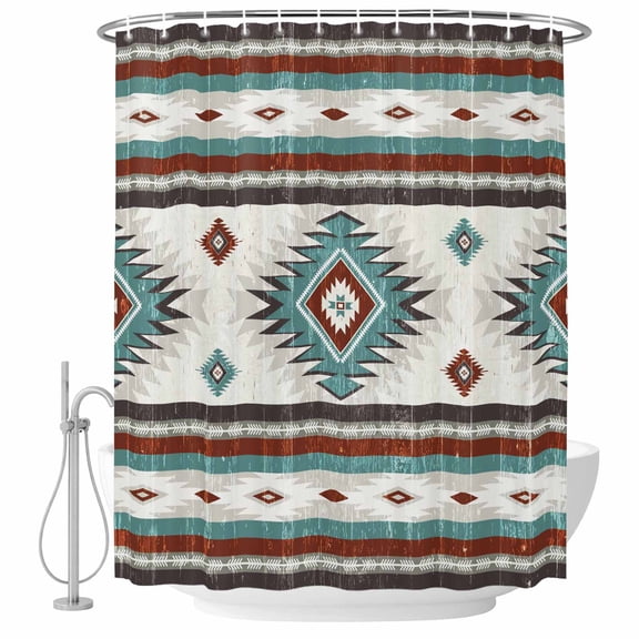 Red Teal Bathroom Shower Curtains with Hooks, Southwestern Native Aztec Ethnic Style Geometric Waterproof Fabric Washable Shower Curtain for Home Hotel Bathtub Decor 36x72 Inch