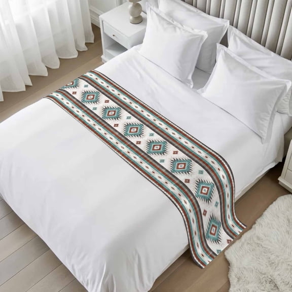 Red Teal Bed Runner Scarf, Southwestern Native Aztec Ethnic Style Geometric Full Bed Scarf Runner, No Fading Decorative Bedding Scarf for Bedroom Hotels Homes and Guestrooms