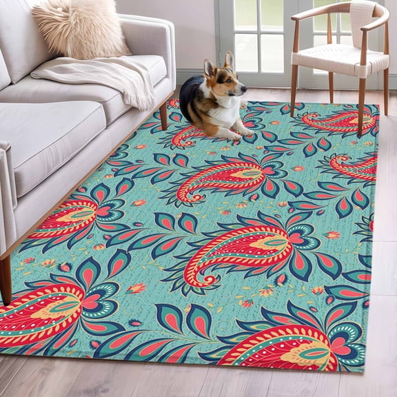 Red Teal Boho Botanical Area Rug 4x6 Washable Rug Non Slip Southwestern Retro Ethnic Tribal Large Area Rug Indoor Floor Carpet for Entryway Bedroom Kitchen Living Room Home Office Dining Room Nursery