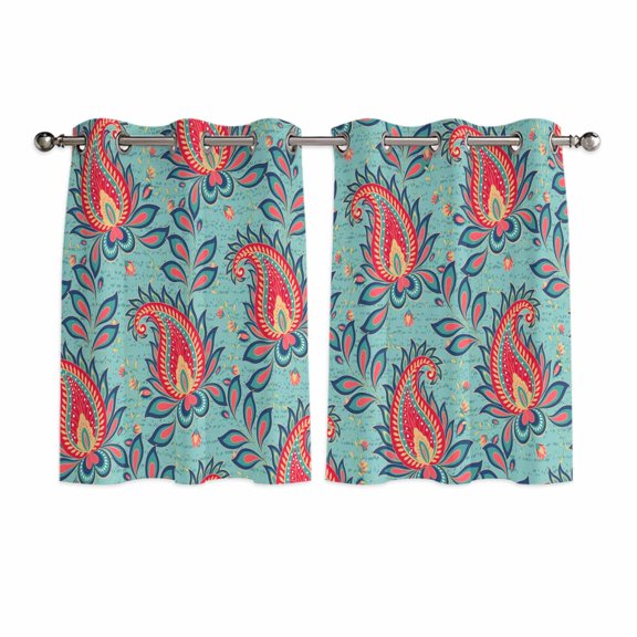 Red Teal Boho Botanical Kitchen Curtains Short 45 Inch Length, Southwestern Retro Ethnic Tribal Grommet Top Bedroom Living Room Curtains, Light Filtering Cafe Curtain Drapes 2 Panels Set 84''x45''