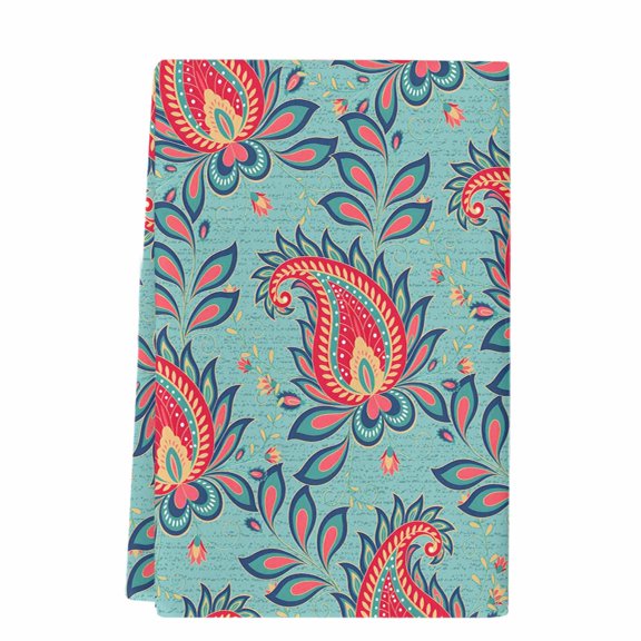 Red Teal Boho Botanical Microfiber Kitchen Towel, Southwestern Retro Ethnic Tribal Soft Absorbent Dish Towels, Quick Drying Washable Dishcloths for Kitchen Cleaning, Drying Dishes, 18x28 Inches