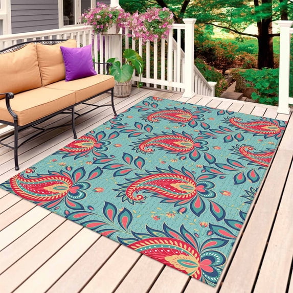 Red Teal Boho Botanical Outdoor Rug for Patio/Deck/Porch, Non-Slip Large Area Rug 3 x 5 Ft, Southwestern Retro Ethnic Tribal Indoor Outdoor Rugs Washable Area Rugs, Camping Rug Carpet Runner