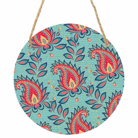 Red Teal Boho Botanical Round Front Door Welcome Sign, 7.8 Inch Wall Hanging Decor for Indoor Outdoor, Southwestern Retro Ethnic Tribal Home Porch Hanger Decorations for Holiday Gift