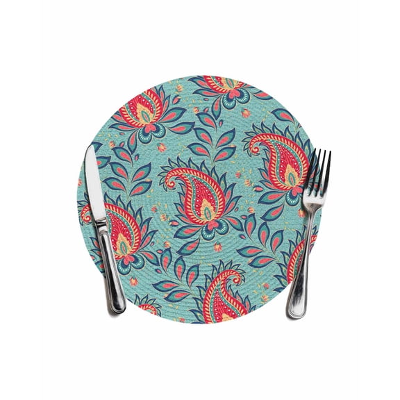 Red Teal Boho Botanical Round Placemats for Dinning Tables,Heat-proof Braided Table Mats 13 Inch,Southwestern Retro Ethnic Tribal Washable Place Mat for Kitchen Restaurant Party Decor Table Setting