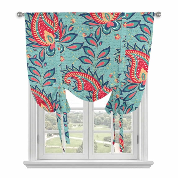 Red Teal Boho Plants Tie Up Curtain Valance for Window,Adjustable Rod Pocket Window Curtains Shades,Southwestern Retro Ethnic Tribal Light Filtering Valance Drapes for Living Room Bedroom 34"x45"