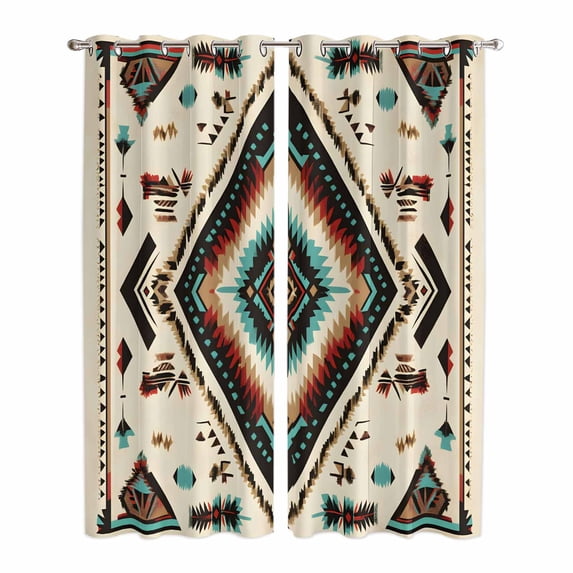 Red Teal Brown Boho Kitchen Curtains 84 Inch Length, Southwestern Abstract Geometric Grommet Top Bedroom Living Room Curtains, Light Filtering Cafe Curtain Drapes 2 Panels Set 84''x84''