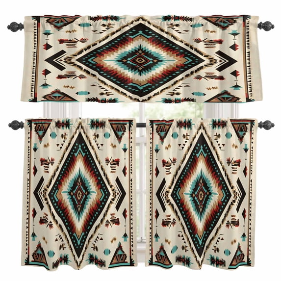 Red Teal Brown Boho Kitchen Curtains Sets for Windows 36 Inch Length, Southwestern Abstract Geometric Rod Pocket Window Treatments Tier Curtains and Valances Set for Bedroom/Bathroom