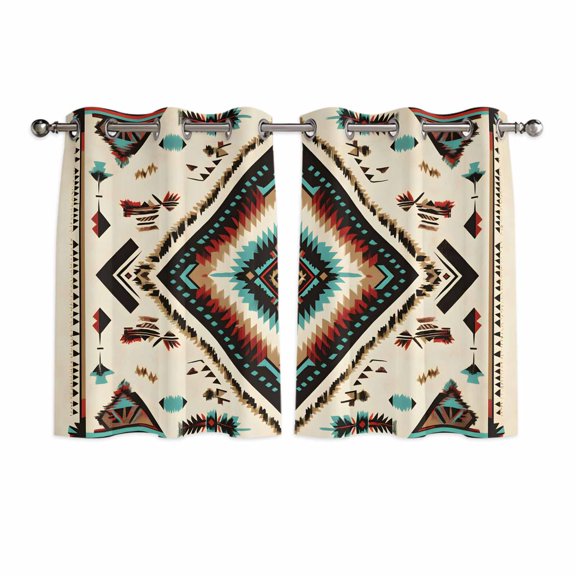 Red Teal Brown Boho Kitchen Curtains Short 54 Inch Length, Southwestern Abstract Geometric Grommet Top Bedroom Living Room Curtains, Light Filtering Cafe Curtain Drapes 2 Panels Set 84''x54''