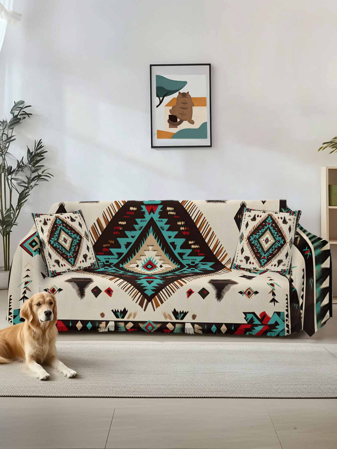 Red Teal Brown Southwestern Couch Cover, Ethnic Geometric Boho Retro Sofa Cover Blanket for 3 Cushion Couch, Sectional Sofa Slipcover Furniture Protector for Living Room Bedroom 71''x134''