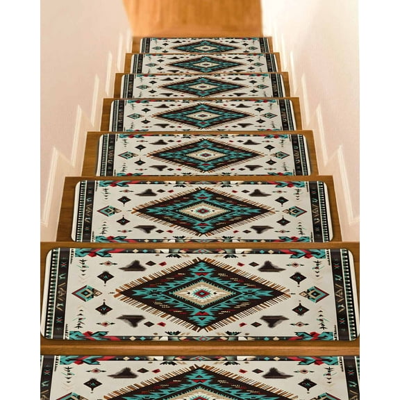 Red Teal Brown Southwestern Stair Treads for Wooden Steps Indoor Runner Rug Carpet, Ethnic Geometric Boho Retro 4 Pieces Peel and Stick Staircase Step Treads Covers Washable Throw Door Mats, 30"x8"