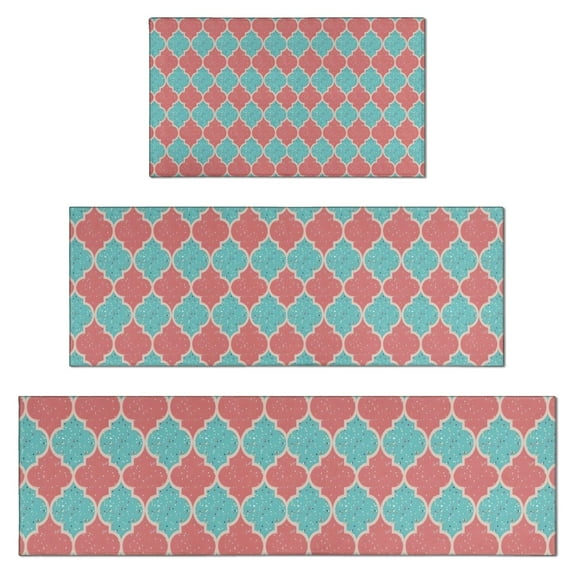 Red Teal Checkerboard Checkered Pattern Kitchen Rugs Sets Of 3,Kitchen Runner Rugs Non Skid Washable,Decorative Kitchen Floor Mats for Kitchen,Sink,Laundry,17"x30"+ 17"x47" + 17"x59"