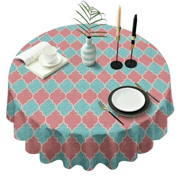 Red Teal Checkerboard Checkered Pattern Round Tablecloth 60"x60",Wrinkle Wipeable Table Cloth for Kitchen Dining Room Picnic Patio Party