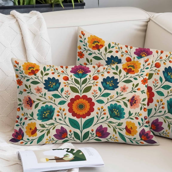 Red Teal Floral Boho Throw Pillow Cover, Pillowcase Protectors with Zipper, Breathable Decorative Lumbar Pillow Case Cover, Summer Spring Flowers Botanical Pillow Shams for Couch Sofa 12x20Inch