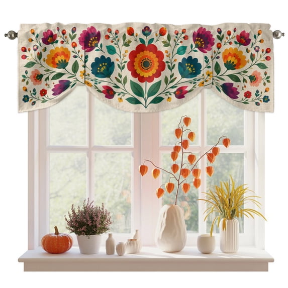 Red Teal Floral Boho Tie Up Valance Curtains for Windows, Kitchen Curtains Window Treatments, Summer Spring Flowers Botanical Short Window Shades Valances for Bedroom Bathroom Cafe 42"x12"