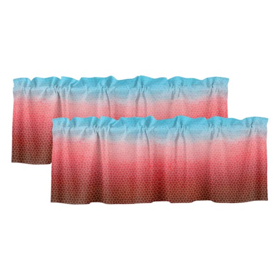 Red Teal Mosaic 2 Panels Kitchen Valance, Minimalist Abstract Hexagonal Grid Soft Gradient Curtains Valances for Small Windows Rod Pocket Window Treatments for Living Room Bedroom 42" W x 12" L