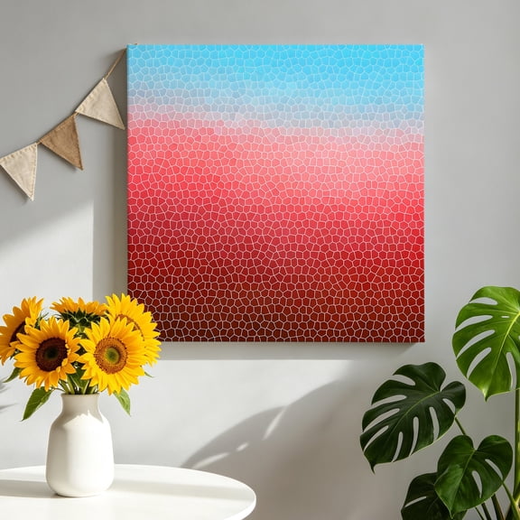 Red Teal Mosaic Canvas Wall Art for Living Room, Minimalist Abstract Hexagonal Grid Soft Gradient Poster Print Painting for Bedroom Office Home Decoration Wall Pictures Prepare To Hang 12"x12"