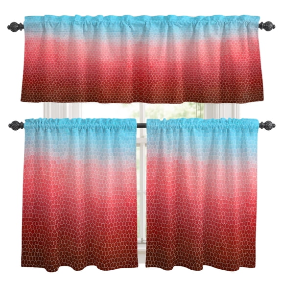 Red Teal Mosaic Kitchen Curtains and Valances Set, Minimalist Abstract Hexagonal Grid Soft Gradient 3 Piece Curtains Valances and Tiers Set Rod Pocket for Kitchen Bathroom Windows 24 Inch
