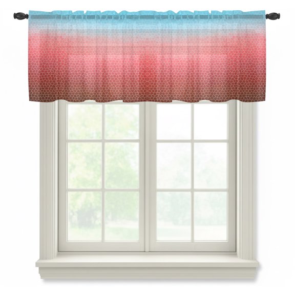Red Teal Mosaic Sheer Valances for Windows, Minimalist Abstract Hexagonal Grid Soft Gradient Semi Sheer Kitchen Valance Rod Pocket Small Voile Window Curtains for Living Room Bedroom 42 x 12 Inch