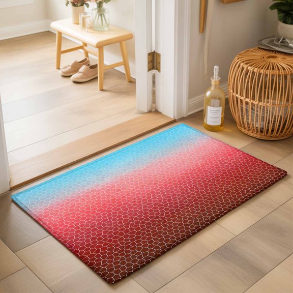 Red Teal Mosaic Washable Small Entryway Area Rugs 2'x3', Minimalist Abstract Hexagonal Grid Soft Gradient Washable Throw Rug Non-Slip Sturdy Edge Binding Carpet for Front Door Floor Room Entry