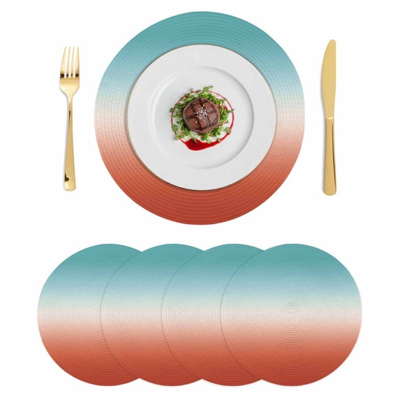 Red Teal Ombre Round 13 Inch Placemats Set of 4, Contemporary Abstract Gradient HeatResistant Non Slip Place Mats for Dining Table, Wipeable Braided Kitchen Table Mats for Housewarming