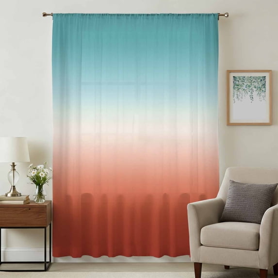 Red Teal Ombre Sheer Curtains 45 Inches Long, Contemporary Abstract Gradient Light Filering Curtains, Breathable Simi Curtain Privacy Drapes for Kitchen Bathroom Lightweight Small Window Treatment