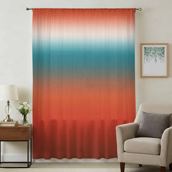 Red Teal Ombre Sheer Curtains 45 Inches Long, Modern Gradient Abstract Art Light Filering Curtains, Breathable Simi Curtain Privacy Drapes for Kitchen Bathroom Lightweight Small Window Treatment