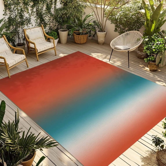 Red Teal Orange Ombre Outdoor Rug for Patio/Deck/Porch, Non-Slip Large Area Rug 3 x 5 Ft, Modern Art Aesthetics Abstract Indoor Outdoor Rugs Washable Area Rugs, Reversible Camping Rug Carpet Runner