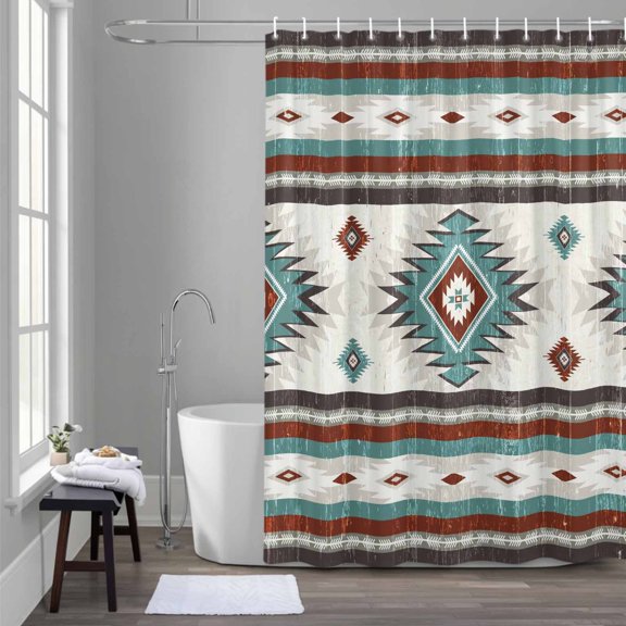 Red Teal Shower Curtain for Bathroom Decor, Southwestern Native Aztec Ethnic Style Geometric Waterproof Fabric Shower Curtain, 48"x72" Set with 12 Hooks