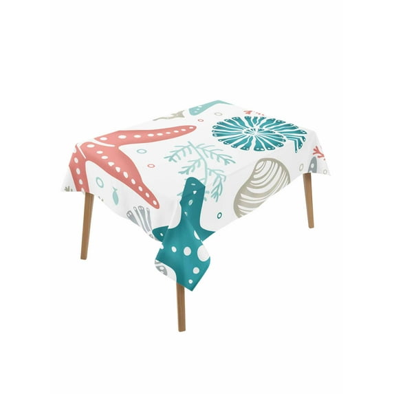 Red Teal Starfish Coastal Table Cloth, Summer Beach Nautical Coral Sea Waterproof Tablecloth for Rectangle Tables, Reusable Washable Fabric Table Cover for Restaurant Kitchen Dining Tables 60"x84"