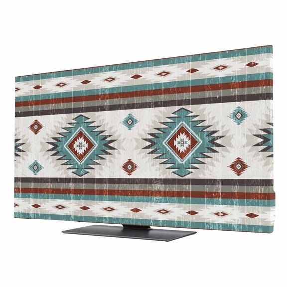 Red Teal TV Dust Cover 24 Inch, Southwestern Native Aztec Ethnic Style Geometric Computer Monitor Cover Dustproof Stretchable Indoor TV Screen Protector for LED LCD Universal Monitors