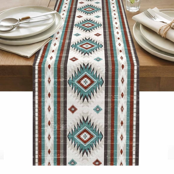 Red Teal Table Runner 13 x 120 Inch, Southwestern Native Aztec Ethnic Style Geometric Washable Cotton Linen Dining Table Runner Tabletop Decorations for Restaurant Home Kitchen Party