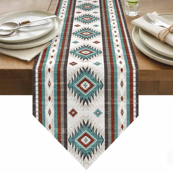 Red Teal Table Runner 36 Inches Long Southwestern Native Aztec Ethnic Style Geometric Table Runners for Dining Room Tabletop Dresser Scarf Home Party Banquet Wedding Holiday Decoration