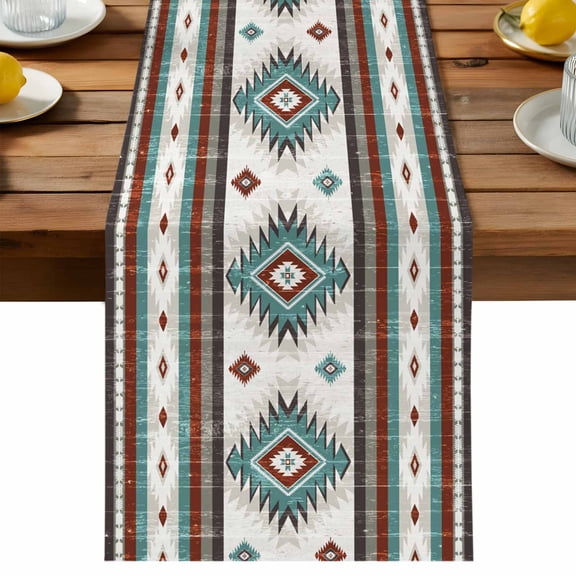 Red Teal Table Runner, Southwestern Native Aztec Ethnic Style Geometric Cotton Linen Table Cloth, Tablerunner for Kitchen Dining Party Wedding Home Decor 13x48 Inch