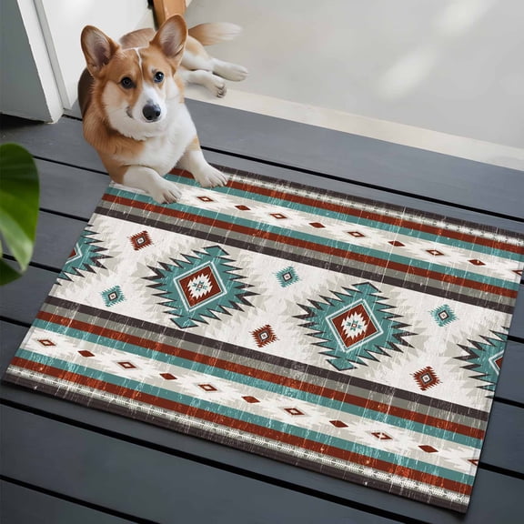 Red Teal Washable Area Rug 2x3 Southwestern Native Aztec Ethnic Style Geometric Low-Profile Area Rugs with Non Slip Backing Indoor Floor Carpet for Entrance Living Room Bedroom Home Office