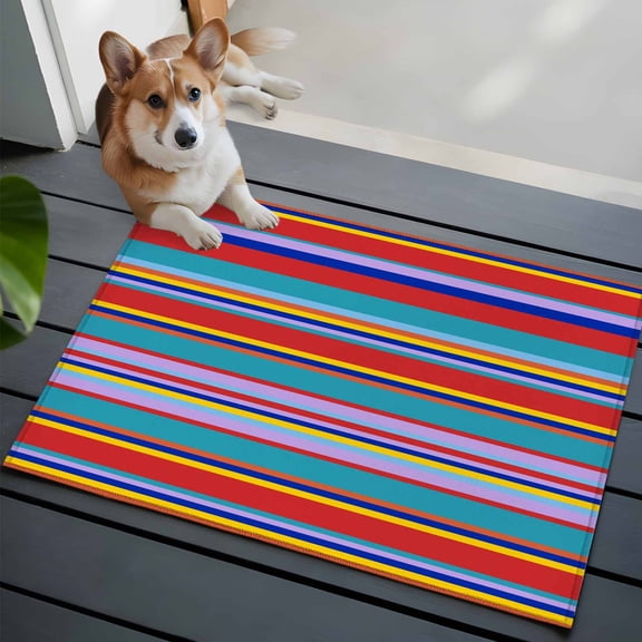 Red Teal Yellow Stripes Front Door Rugs 2x3 ft Lines Art Modern Traditional Small Rug for Entryway Non Slip Washable Bathroom Door Mat Absorbent Floor Mat for Indoor Entrance
