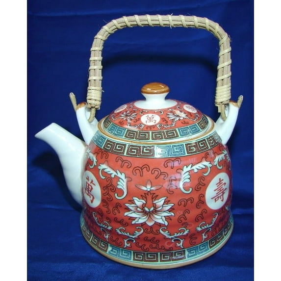 Red Teapot w/ Longevity Symbol, Bamboo Handle
