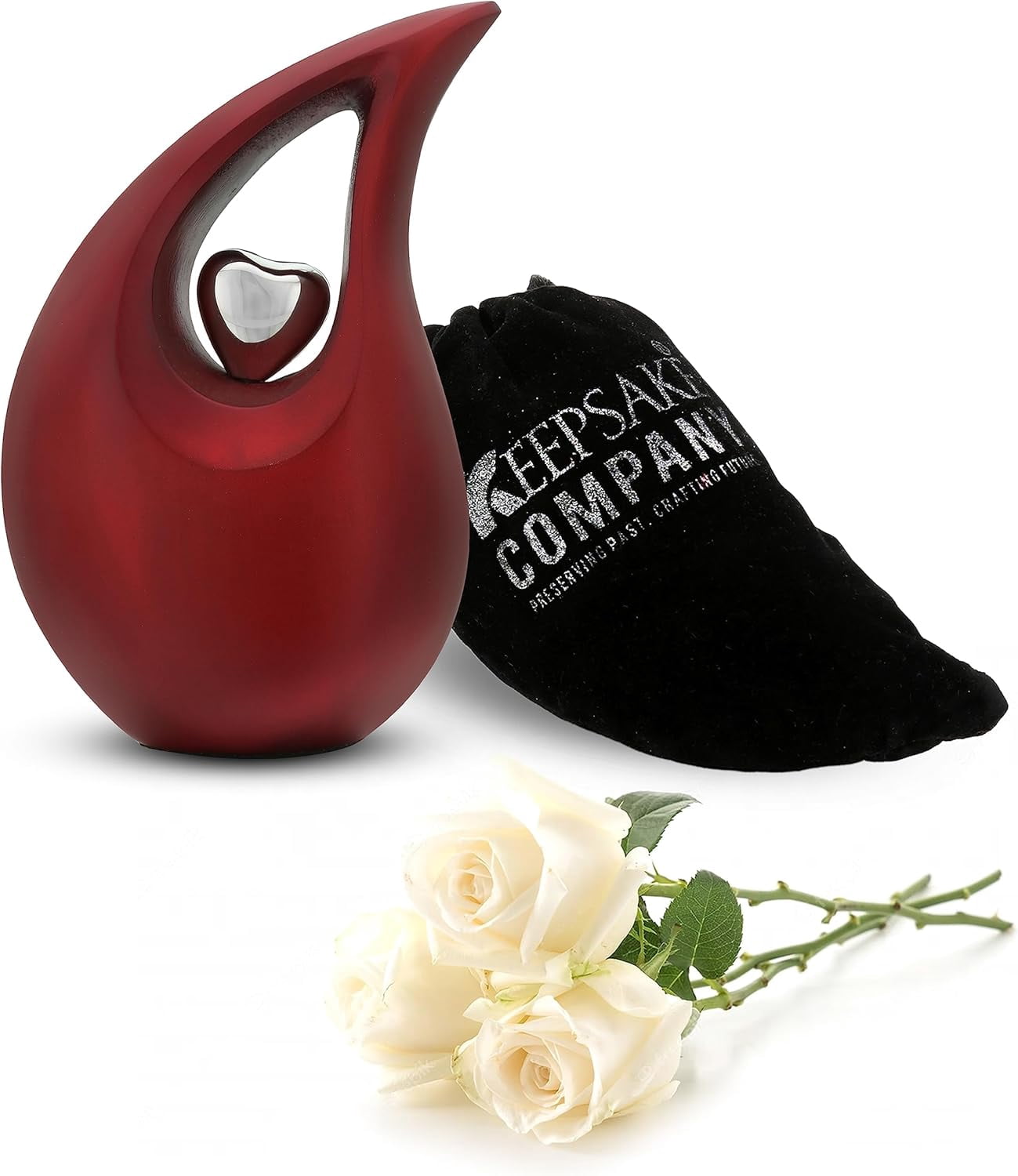 Red Tear Drop Medium Size Urns for Human Ashes with Silver Heart (6 Inch Height) - Unique Medium Urn - Decorative Urns - Cremation Urn - Burial Urns - Keepsake Urn - Funeral Urn - Small Pet Urns