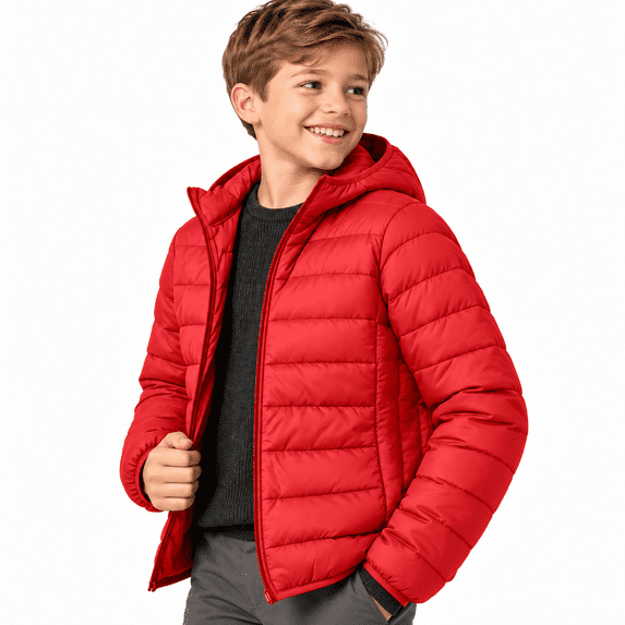 Red Teen Boys Lightweight Padded Jacket Size 11-12 Years, Hooded Full-Zip Winter Warm Coat with Side Pockets for Casual Layering and Outerwear Clothes