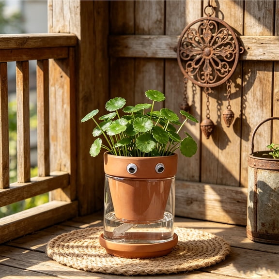 Red Terracotta Plant Pot Decor, Breathable Hydroponic Succulent Planter Container, Self Watering Glass Bottle System Pot, Indoor Desktop Garden Storage Functional Decorative Home Use