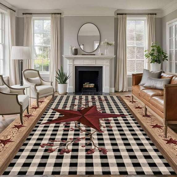 Red Texas Star Farmhouse Area Rugs 5'x7', Washable Small Throw Rugs for Laundry Room Playroom, Black Plaid Berry Country Indoor Outdoor Rug Non-Slip Low Pile Carpet Runner Reversible Floor Mats